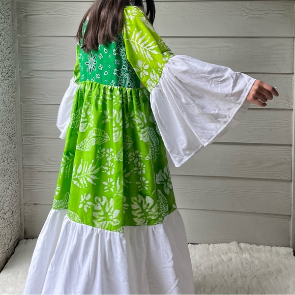 Handmade Wide Sleeves Maxi Bandana Dress SKU 11091 Green White - Picture 12 of 16
